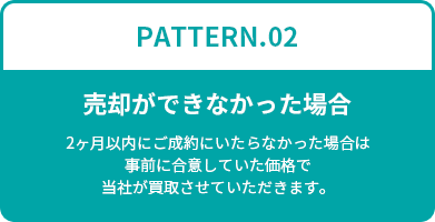 PATTERN.02 売却ができなかった場合 2ヶ月以内にご成約にいたらなかった場合は事前に合意していた価格で当社が買取させていただきます。